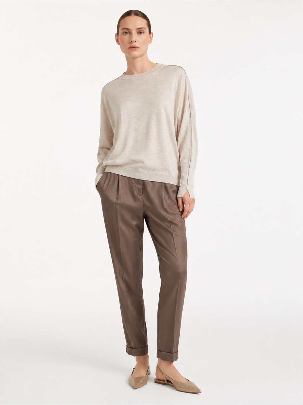 Brunello Cucinelli Taupe/Brown Elastic-Waist Drawstring Pants
